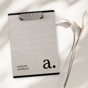 Minimalist Beige Faux Linen Look Monogram Name Clipboard