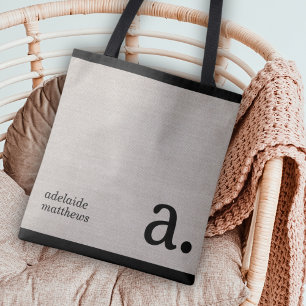Minimalist Beige Faux Linen Look Monogram Name Tote Bag