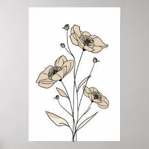 Minimalist Beige Floral Line Art Modern Botanica Poster