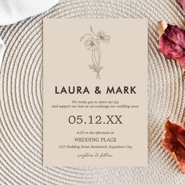Minimalist Beige Floral Wedding Invitation (Minimalist Floral Beige Wedding Invitation)