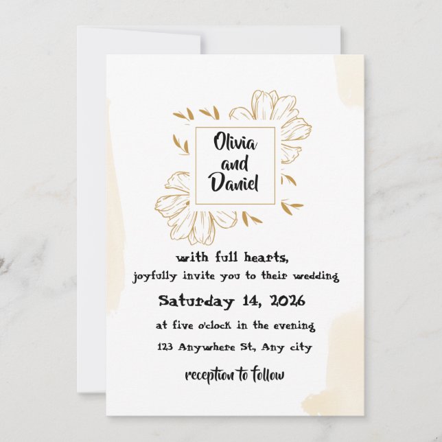 Minimalist Beige Gold Dahlia Wedding Invitation (Front)