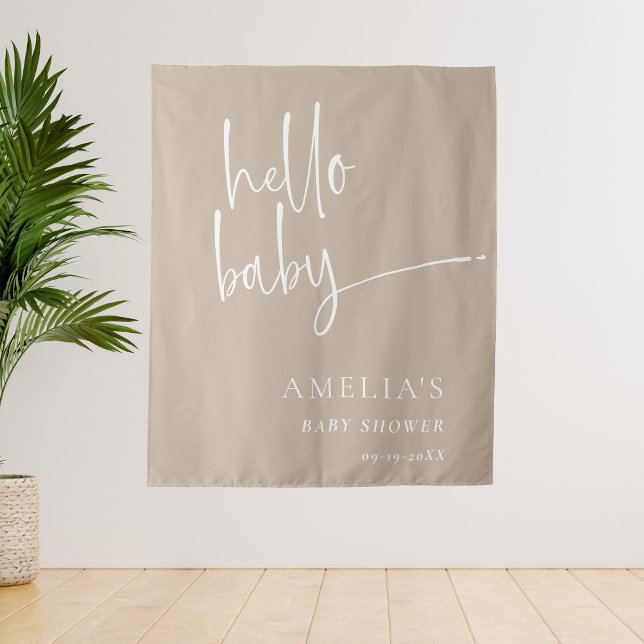 Minimalist Beige Hello Baby Modern Baby Shower Tapestry (Creator Uploaded)