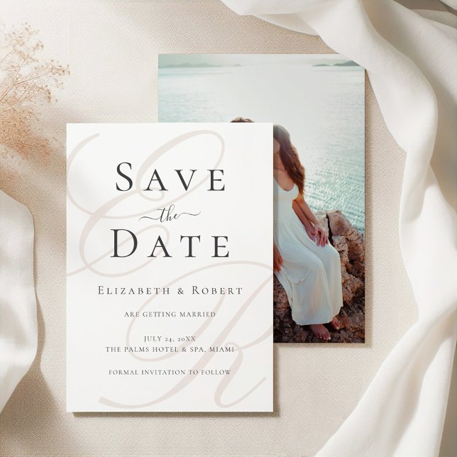 Minimalist Beige Monogram Custom Photo Wedding Save The Date (Minimalist Beige Monogram Custom Photo Wedding Save The Date on a silk tableclothes)