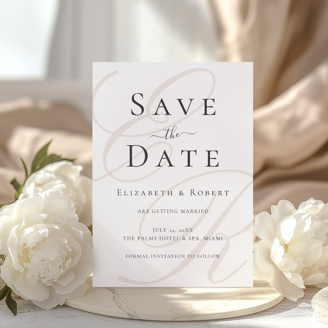 Minimalist Beige Monogram Wedding Save the Date (Minimalist Beige Monogram Wedding Save the Date with beautiful white peonies)