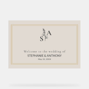 Minimalist Beige Monogram Wildflower Wedding Acrylic Sign
