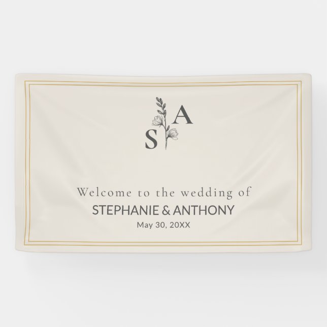 Minimalist Beige Monogram Wildflower Wedding Banner (Horizontal)