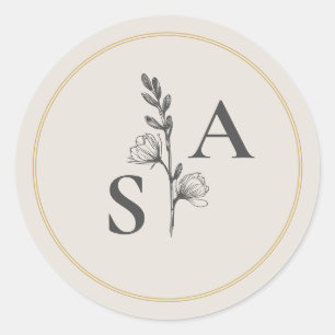 Minimalist Beige Monogram Wildflower Wedding Classic Round Sticker