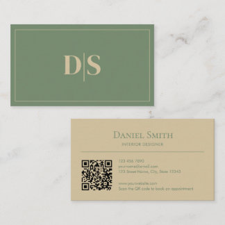 Minimalist Beige Muted Green Initials QR Code Business Card