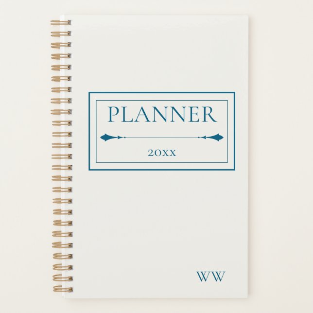 Minimalist Beige & Navy Blue Personalised Monogram Planner (Front)