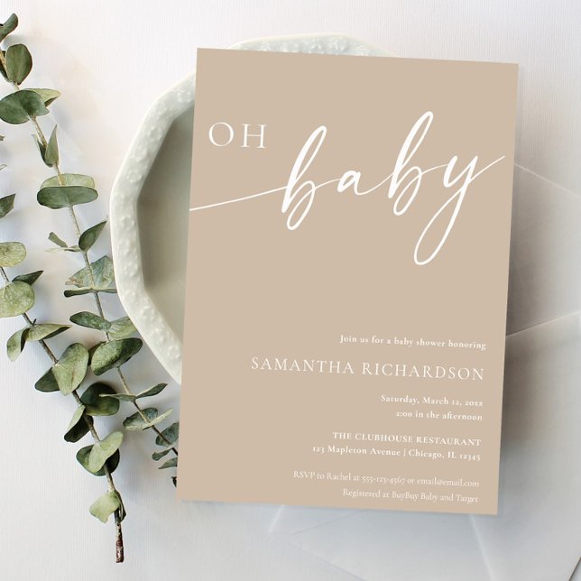 Minimalist beige Oh baby gender neutral shower Invitation (Creator Uploaded)