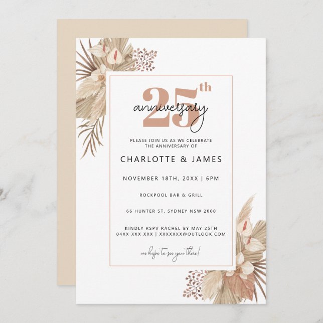 Minimalist beige script 25th wedding anniversary invitation (Front/Back)