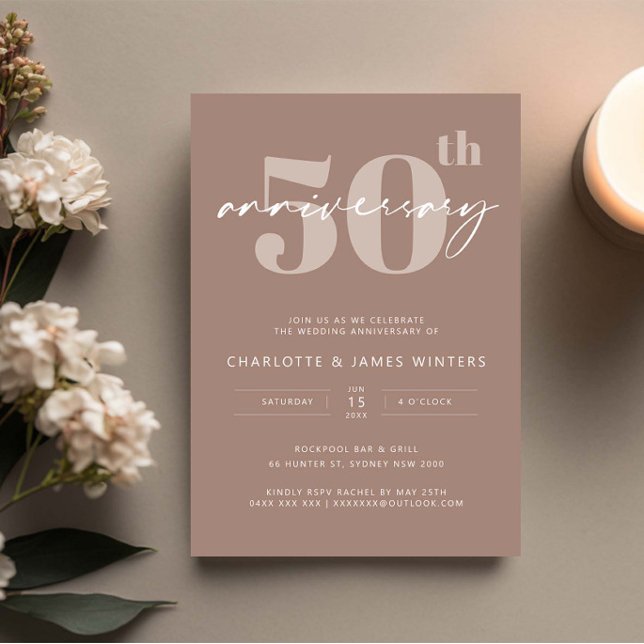 Minimalist beige script 50th wedding anniversary invitation (Creator Uploaded)
