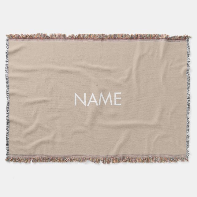 Minimalist beige tan custom name monogram solid  throw blanket (Front)