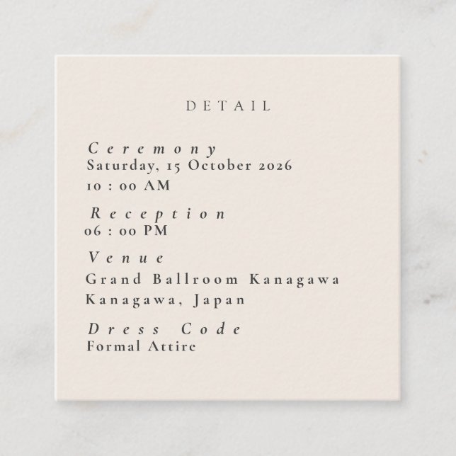 Minimalist Beige Wedding Details Enclosure Card (Front)