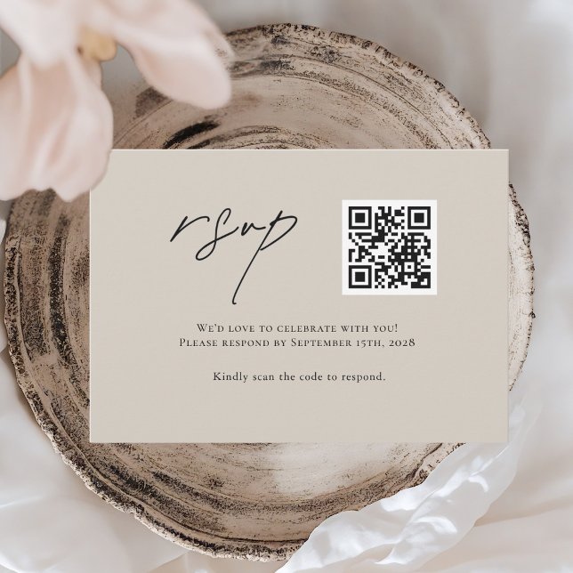 Minimalist Beige Wedding RSVP Card with QR Code  (Creator Uploaded)
