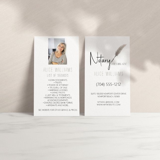 Minimalist Beige & White Notary Photo Vertical Business Card (Creator Uploaded)