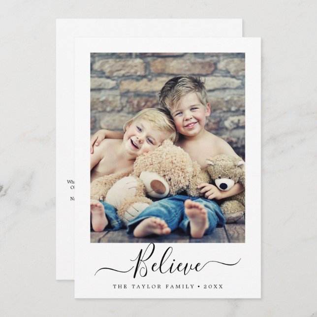 Minimalist Believe Year In Review Portrait Holiday Card (Front/Back)
