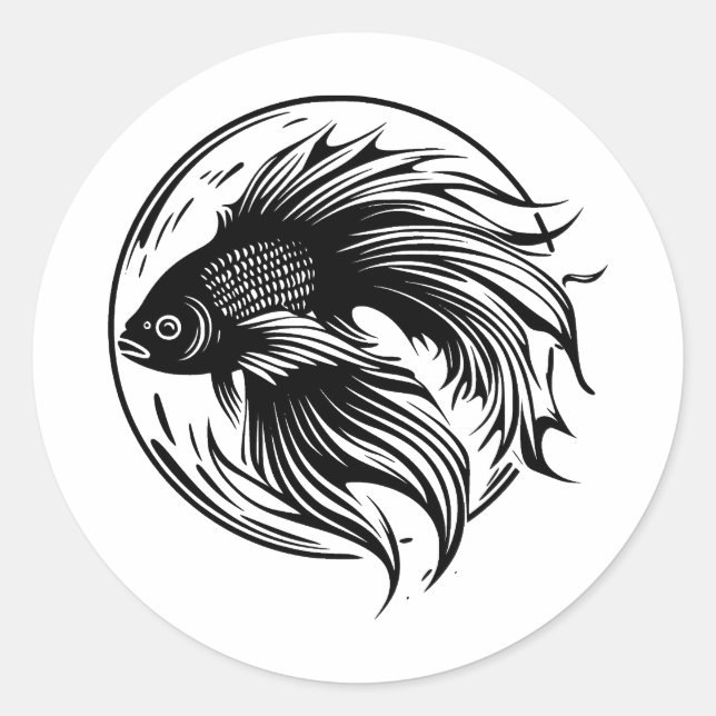 Minimalist Betta Fish: Black & White Art Classic Round Sticker (Front)