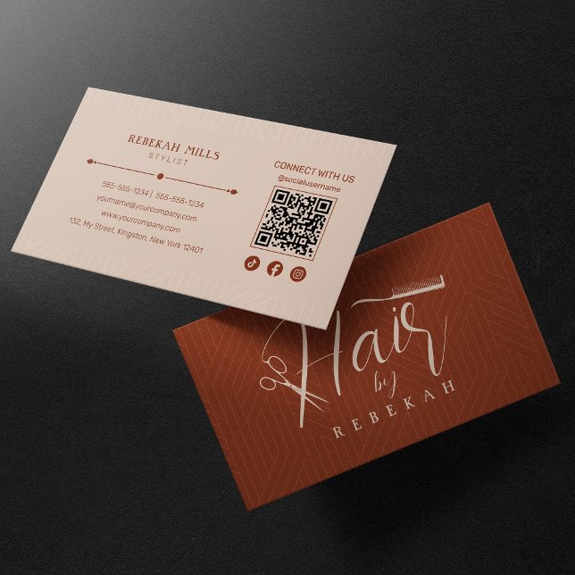 Minimalist Biege Pattern Hairstylist QR Code Business Card (Creator Uploaded)