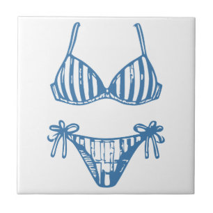 Minimalist Bikini Line Art Blue Outline Coastal Tile