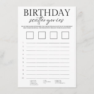 Minimalist birthday scattergories game card