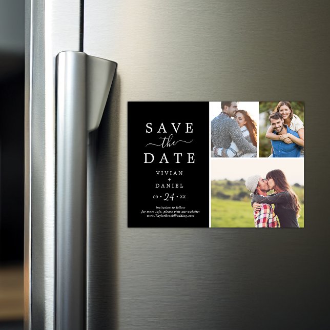 Minimalist | Black 3 Photo Collage Save the Date Magnetic Invitation (Creator Uploaded)