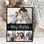 Minimalist Black 4 Photo Collage Script Christmas Postcard<br><div class="desc">Budget, Modern, Elegant, Black and White Snowflake 4 Photo Collage Merry Christmas Script Holiday Postcard. This festive, mimimalist, whimsical four (4) photo holiday card template features a pretty photo collage, some snowflake and says Merry Christmas! The „Merry Christmas” greeting text is written in a beautiful white colour hand lettered typography...</div>