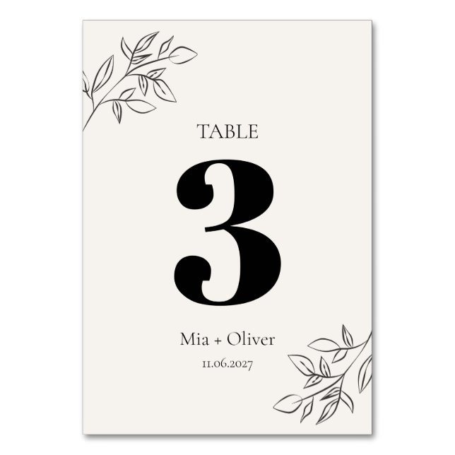 Minimalist Black and Cream Botanical Wedding Table Number (Front)