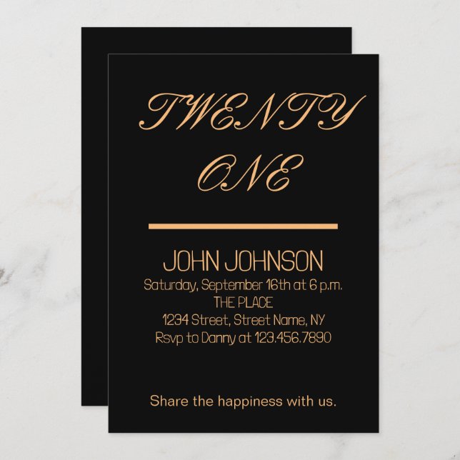 Minimalist Black And Gold 21st Birthday Invitation (Front/Back)