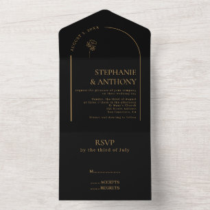 Minimalist Black and Gold Arch Wildflower Wedding  All In One Invitation
