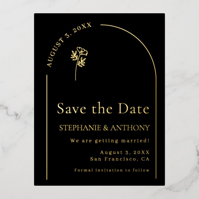 Minimalist Black and Gold Arch Wildflower Wedding  Foil Invitation Postcard (Front)