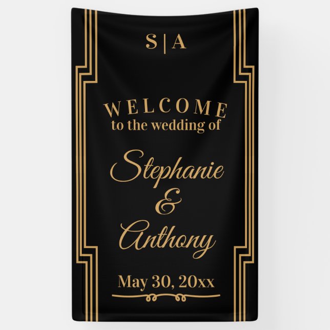 Minimalist Black and Gold Art Deco Wedding Banner (Vertical)