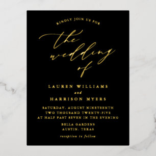 Minimalist Black and Gold Calligraphy Wedding Foil Invitation Postcard