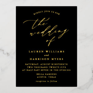 Minimalist Black and Gold Calligraphy Wedding Foil Invitation Postcard
