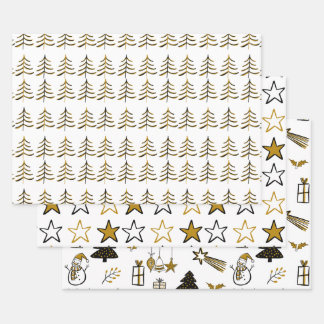 Minimalist Black And Gold Christmas Tree And Stars Wrapping Paper Sheet