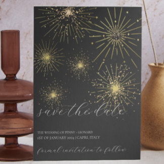 Minimalist Black and Gold Fireworks Save The Date Invitation