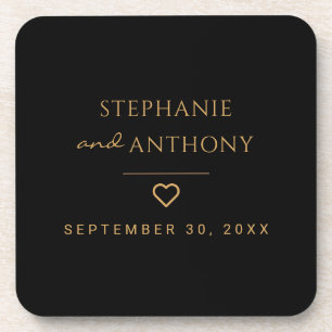 Minimalist Black And Gold Heart Modern Wedding Coaster