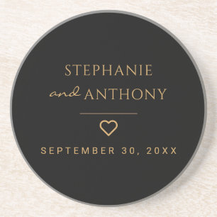 Minimalist Black And Gold Heart Modern Wedding Coaster