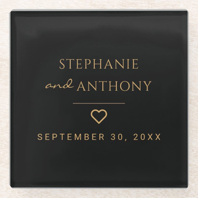 Minimalist Black And Gold Heart Modern Wedding   Glass Coaster (Front)