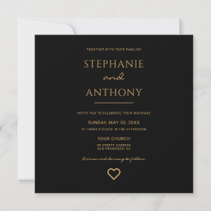Minimalist Black And Gold Heart Modern Wedding Invitation