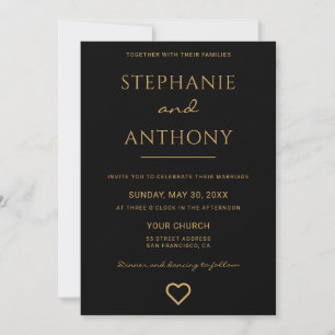 Minimalist Black And Gold Heart Modern Wedding Invitation