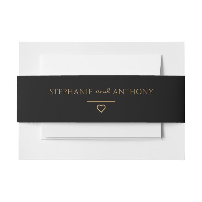 Minimalist Black And Gold Heart Modern Wedding   Invitation Belly Band (Front Example)