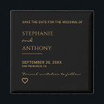 Minimalist Black and Gold Heart Modern Wedding   Magnet<br><div class="desc">This Minimalist Black and Gold Heart Save the Date Magnet is a stylish and elegant way to announce your upcoming wedding. Featuring a sleek black background with a delicate gold heart, this modern design creates a timeless keepsake that your guests can display on their fridge as a reminder of your...</div>