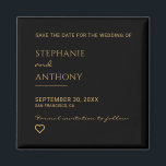 Minimalist Black and Gold Heart Modern Wedding   Magnet<br><div class="desc">This Minimalist Black and Gold Heart Save the Date Magnet is a stylish and elegant way to announce your upcoming wedding. Featuring a sleek black background with a delicate gold heart, this modern design creates a timeless keepsake that your guests can display on their fridge as a reminder of your...</div>