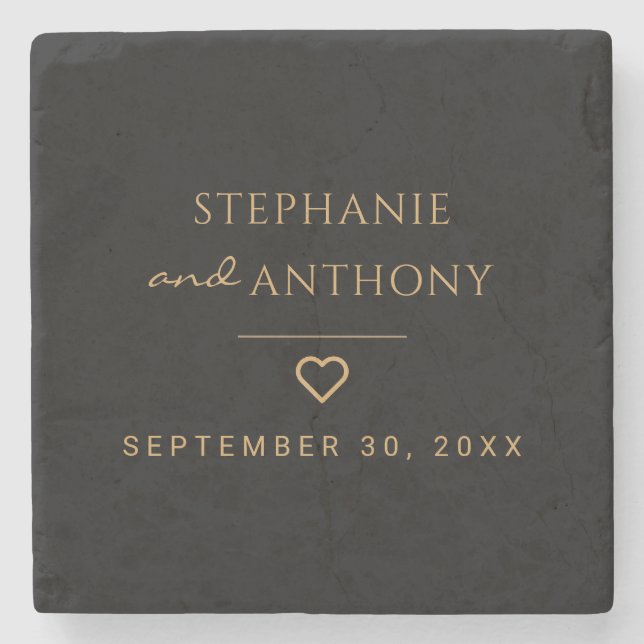 Minimalist Black And Gold Heart Modern Wedding   Stone Coaster (Front)