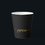 Minimalist Black And Gold Monogram Name Signature Latte Mug<br><div class="desc">Girly Minimalist Simple Black And Gold Monogram Name Signature Script Custom Personalised Latte Mug. These design featuring your first name in a pretty hand lettered style swash tail font signature typography on black and gold background. These are easy to customise it. Great stylish feminine housewarming gift, also for birthday, mother’s...</div>
