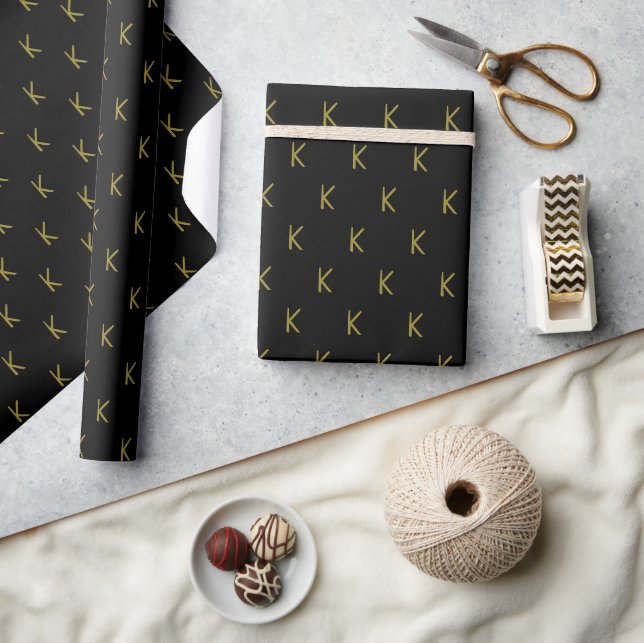 Minimalist Black and Gold Monogram Wrapping Paper (Crafts)