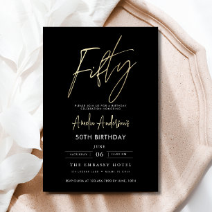 Minimalist Black and Gold Script 50th Birthday Invitation