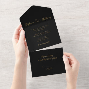 Minimalist Black and Gold With a Heart Wedding All In One Invitation