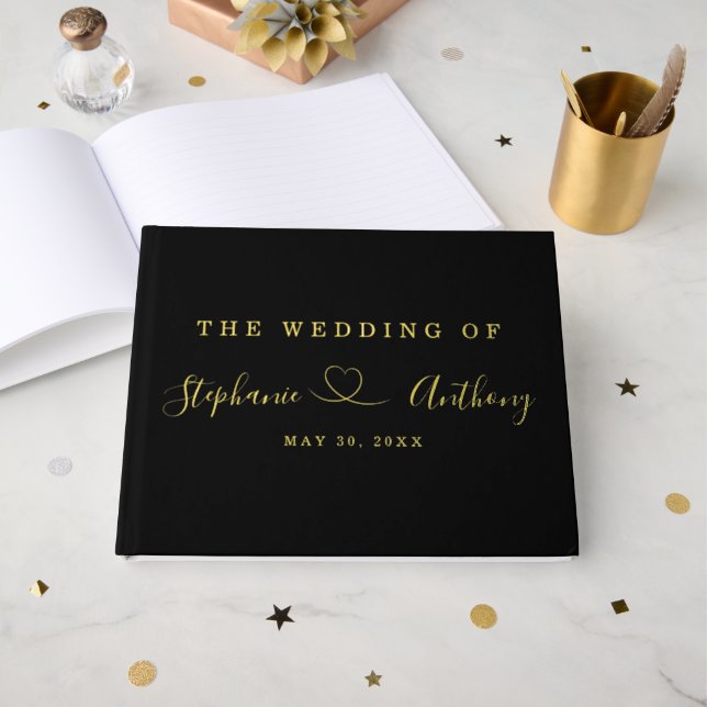Minimalist Black and Gold With a Heart Wedding    Guest Book (Front Open)